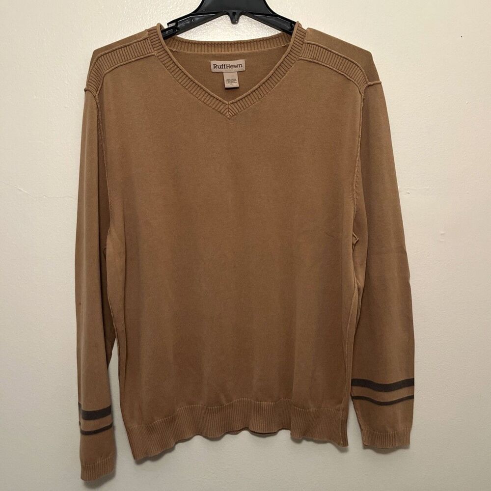RuffHewn Men’s Knit V-Neck Gorpcore Ribbed Hem Cotton Sweater, Camel Brown- XL